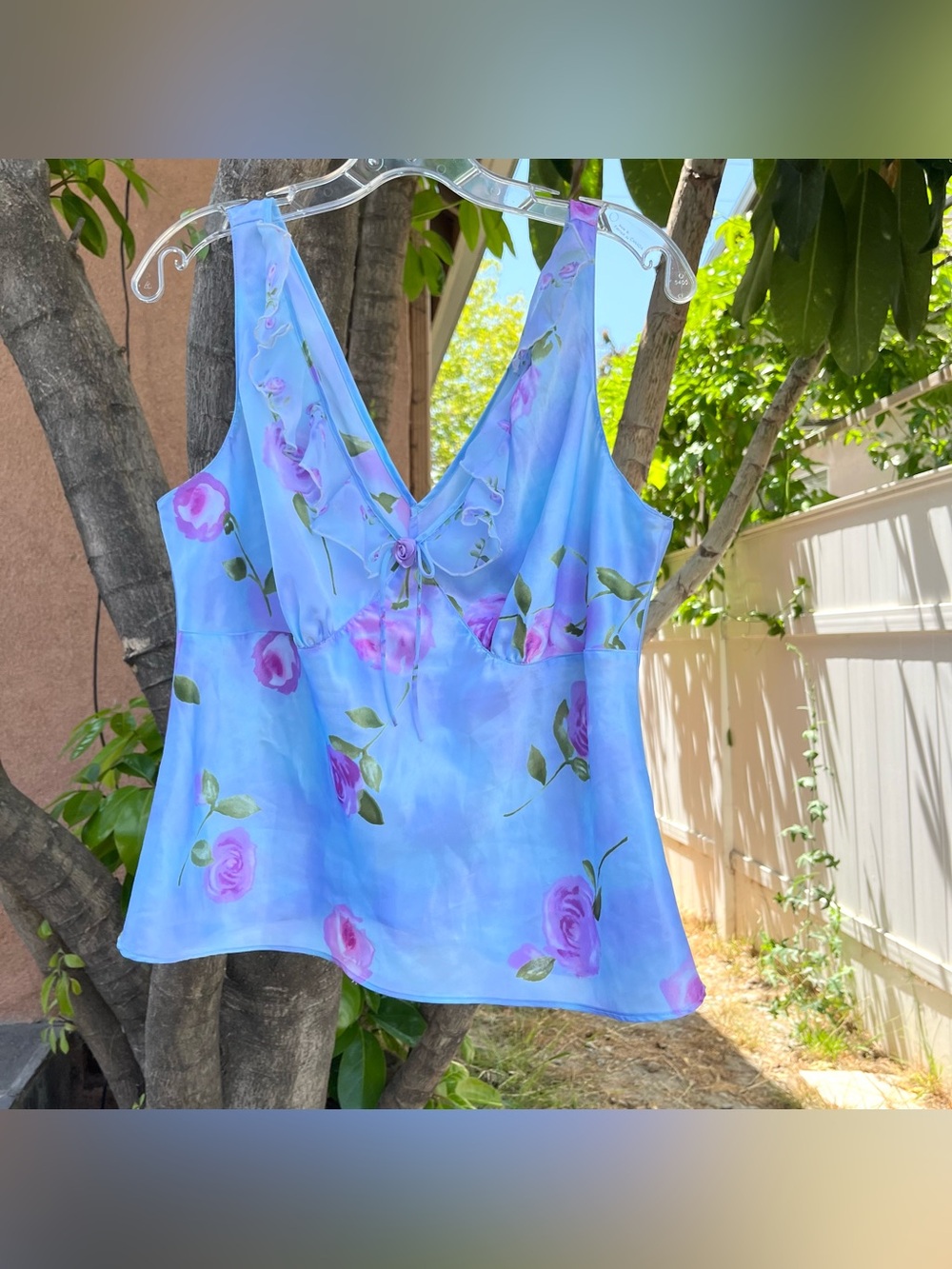 Vintage Blue Floral Sheer Tank Top with Rosette Detail.